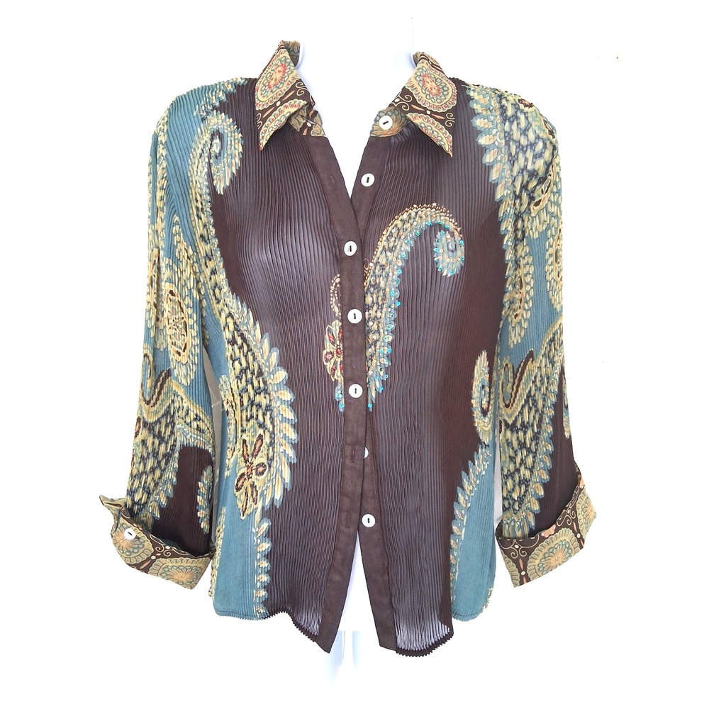 Alberto Makali Vintage Top Crinkle Sheer Paisley Button Front 3/4 Sleeve Size Sm